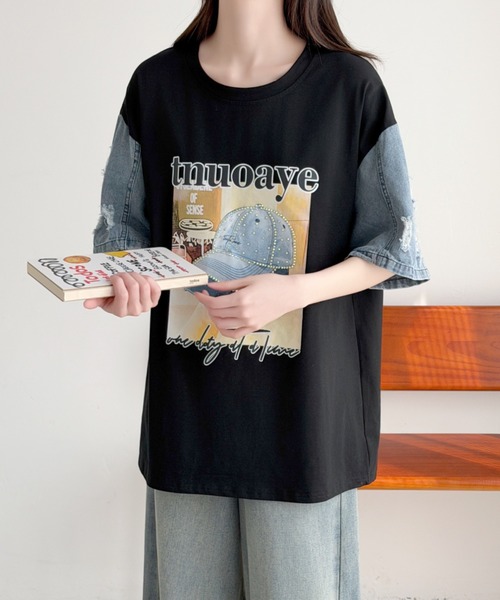 ABITOKYO(アビトーキョー)の「デニム袖切替プリントプルオーバー(Tシャツ/カットソー・レディース・ブラック/ホワイト・FREE)」の5枚目の写真