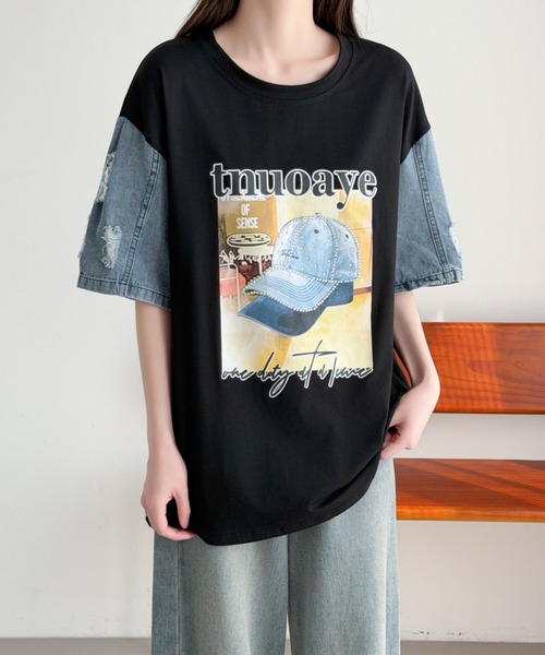 ABITOKYO(アビトーキョー)の「デニム袖切替プリントプルオーバー(Tシャツ/カットソー・レディース・ブラック/ホワイト・FREE)」の6枚目の写真