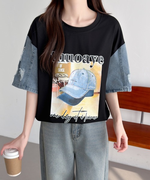 ABITOKYO(アビトーキョー)の「デニム袖切替プリントプルオーバー(Tシャツ/カットソー・レディース・ブラック/ホワイト・FREE)」の7枚目の写真