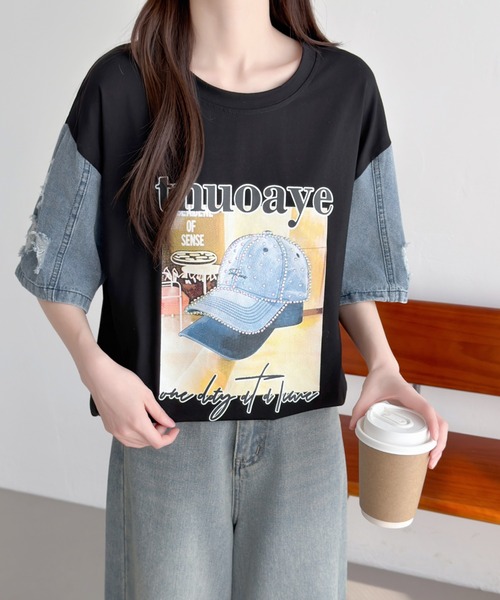 ABITOKYO(アビトーキョー)の「デニム袖切替プリントプルオーバー(Tシャツ/カットソー・レディース・ブラック/ホワイト・FREE)」の8枚目の写真