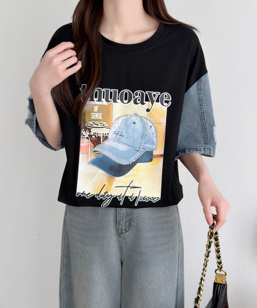 ABITOKYO(アビトーキョー)の「デニム袖切替プリントプルオーバー(Tシャツ/カットソー・レディース・ブラック/ホワイト・FREE)」の9枚目の写真