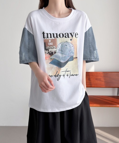 ABITOKYO(アビトーキョー)の「デニム袖切替プリントプルオーバー(Tシャツ/カットソー・レディース・ブラック/ホワイト・FREE)」の11枚目の写真