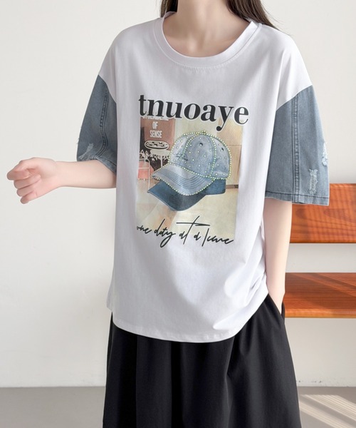 ABITOKYO(アビトーキョー)の「デニム袖切替プリントプルオーバー(Tシャツ/カットソー・レディース・ブラック/ホワイト・FREE)」の12枚目の写真