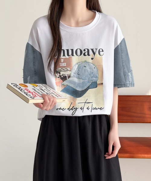 ABITOKYO(アビトーキョー)の「デニム袖切替プリントプルオーバー(Tシャツ/カットソー・レディース・ブラック/ホワイト・FREE)」の13枚目の写真