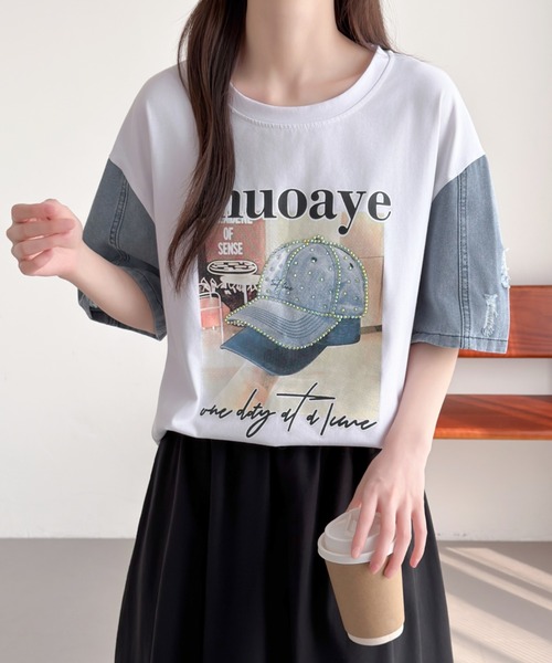 ABITOKYO(アビトーキョー)の「デニム袖切替プリントプルオーバー(Tシャツ/カットソー・レディース・ブラック/ホワイト・FREE)」の14枚目の写真
