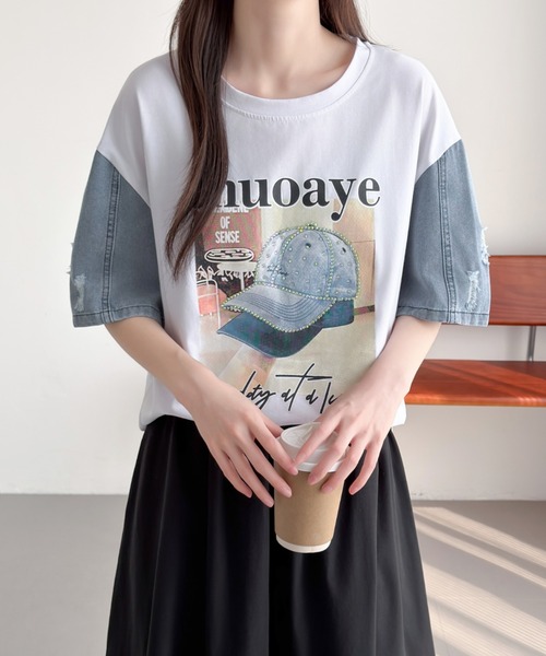 ABITOKYO(アビトーキョー)の「デニム袖切替プリントプルオーバー(Tシャツ/カットソー・レディース・ブラック/ホワイト・FREE)」の15枚目の写真