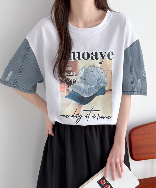 ABITOKYO(アビトーキョー)の「デニム袖切替プリントプルオーバー(Tシャツ/カットソー・レディース・ブラック/ホワイト・FREE)」の16枚目の写真