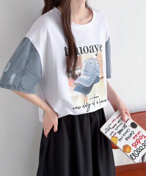 ABITOKYO(アビトーキョー)の「デニム袖切替プリントプルオーバー(Tシャツ/カットソー・レディース・ブラック/ホワイト・FREE)」の17枚目の写真