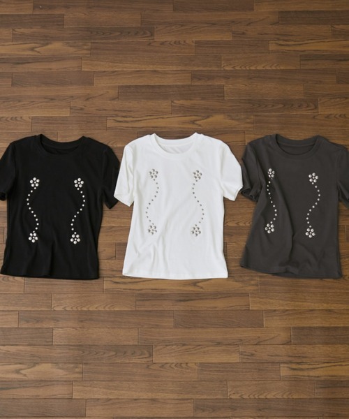 Rohwel（ローウェル）の「Stud Line T-Shirt / スタッズラインTシャツ（Tシャツ/カットソー・レディース・ホワイト/ブラック/グレー・FREE）」の11枚目の写真