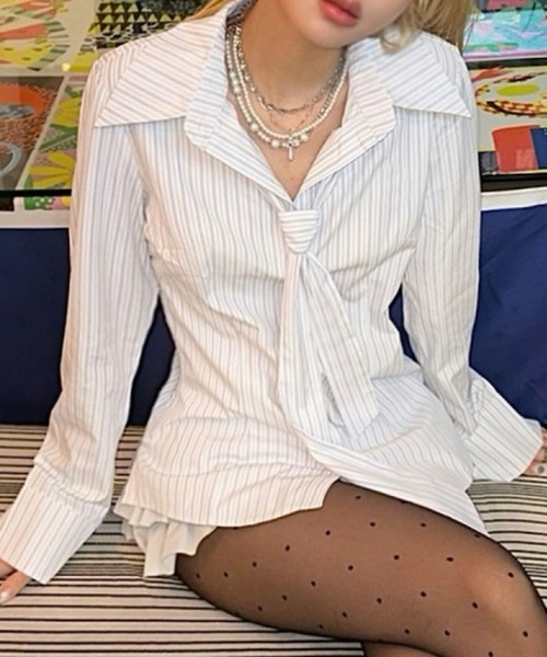 おしゃれスタ(オシャレスタ)の「ストライプネクタイデザインシャツ(シャツ/ブラウス・レディース・ピンク/ホワイト・S/M/L)」の1枚目の写真