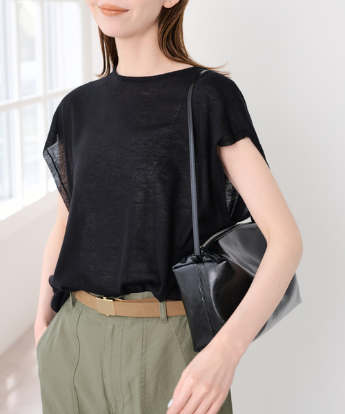 U by SPICK&SPAN（ユーバイスピックアンドスパン）の「《接触冷感》ウォッシャブルリネンブレンドプルオーバー（ニット/セーター・レディース・ブラック/ホワイト/グリーン・FREE）」の3枚目の写真