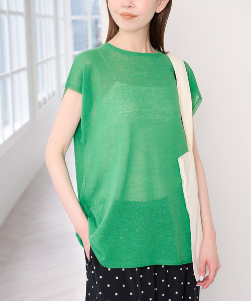 U by SPICK&SPAN（ユーバイスピックアンドスパン）の「《接触冷感》ウォッシャブルリネンブレンドプルオーバー（ニット/セーター・レディース・ブラック/ホワイト/グリーン・FREE）」の4枚目の写真