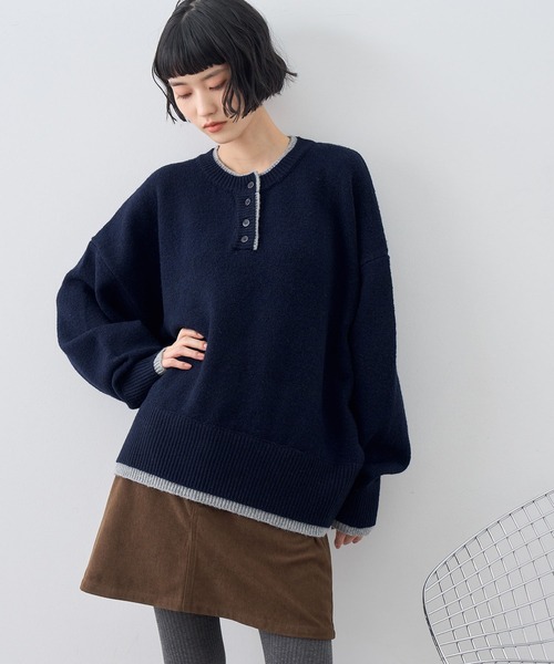 NOGLE(ノグル)の「【NOGLE/ノグル】ウールレイヤードヘンリーネックニット(ニット/セーター・レディース・ブラウン/グレー/レッド/グリーン系/ネイビー/ライトグレー・FREE)」の5枚目の写真