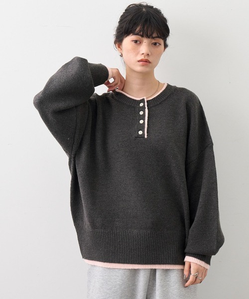 NOGLE(ノグル)の「【NOGLE/ノグル】ウールレイヤードヘンリーネックニット(ニット/セーター・レディース・ブラウン/グレー/レッド/グリーン系/ネイビー/ライトグレー・FREE)」の3枚目の写真