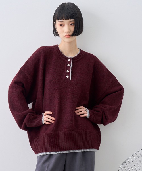 NOGLE(ノグル)の「【NOGLE/ノグル】ウールレイヤードヘンリーネックニット(ニット/セーター・レディース・ブラウン/グレー/レッド/グリーン系/ネイビー/ライトグレー・FREE)」の6枚目の写真