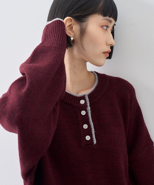 NOGLE(ノグル)の「【NOGLE/ノグル】ウールレイヤードヘンリーネックニット(ニット/セーター・レディース・ブラウン/グレー/レッド/グリーン系/ネイビー/ライトグレー・FREE)」の7枚目の写真