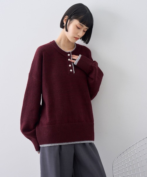 NOGLE(ノグル)の「【NOGLE/ノグル】ウールレイヤードヘンリーネックニット(ニット/セーター・レディース・ブラウン/グレー/レッド/グリーン系/ネイビー/ライトグレー・FREE)」の8枚目の写真