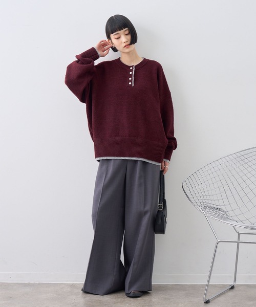NOGLE(ノグル)の「【NOGLE/ノグル】ウールレイヤードヘンリーネックニット(ニット/セーター・レディース・ブラウン/グレー/レッド/グリーン系/ネイビー/ライトグレー・FREE)」の9枚目の写真