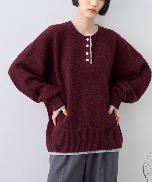NOGLE(ノグル)の「【NOGLE/ノグル】ウールレイヤードヘンリーネックニット(ニット/セーター・レディース・ブラウン/グレー/レッド/グリーン系/ネイビー/ライトグレー・FREE)」の10枚目の写真