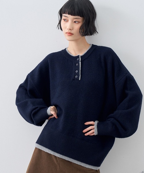 NOGLE(ノグル)の「【NOGLE/ノグル】ウールレイヤードヘンリーネックニット(ニット/セーター・レディース・ブラウン/グレー/レッド/グリーン系/ネイビー/ライトグレー・FREE)」の14枚目の写真