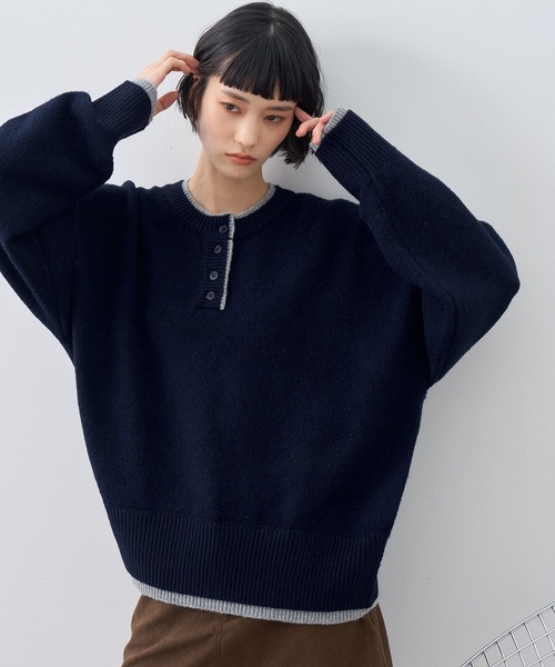 NOGLE(ノグル)の「【NOGLE/ノグル】ウールレイヤードヘンリーネックニット(ニット/セーター・レディース・ブラウン/グレー/レッド/グリーン系/ネイビー/ライトグレー・FREE)」の15枚目の写真