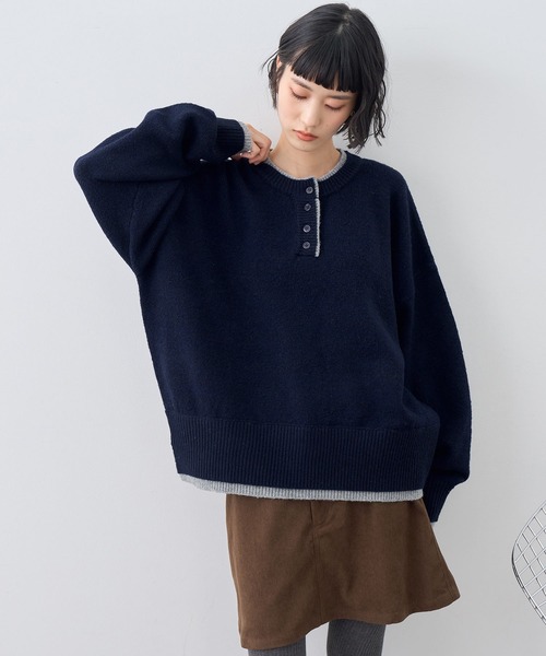 NOGLE(ノグル)の「【NOGLE/ノグル】ウールレイヤードヘンリーネックニット(ニット/セーター・レディース・ブラウン/グレー/レッド/グリーン系/ネイビー/ライトグレー・FREE)」の18枚目の写真