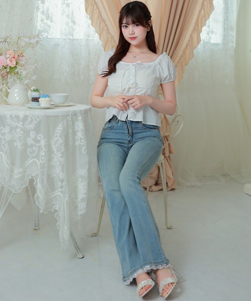 Anely（アネリー）の「Anely ウォッシュ 裾レース フレア スキニー デニム パンツ（デニムパンツ・レディース・ブルー・L/M/S）」の6枚目の写真