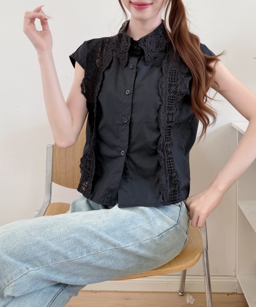 Ada.(エイダ)の「フラワー レース カラー ノースリーブ サマー ブラウス(シャツ/ブラウス・レディース・ブラック/ブルー/ホワイト・FREE)」の15枚目の写真