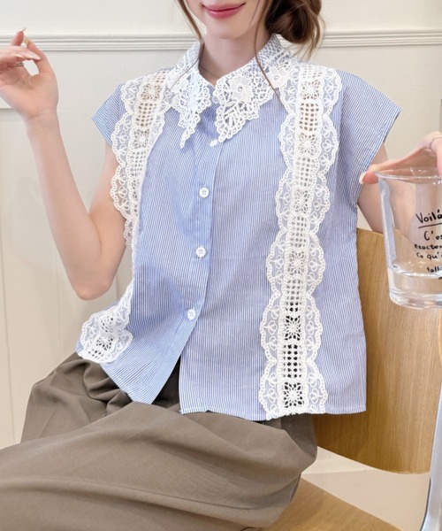 Ada.(エイダ)の「フラワー レース カラー ノースリーブ サマー ブラウス(シャツ/ブラウス・レディース・ブラック/ブルー/ホワイト・FREE)」の8枚目の写真