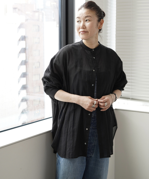 JOURNAL STANDARD LUXE（ジャーナルスタンダード　ラックス）の「ハイツイストガーゼ ギャザーBIGシャツ（シャツ/ブラウス・レディース・ブラック/ホワイト・FREE）」の9枚目の写真