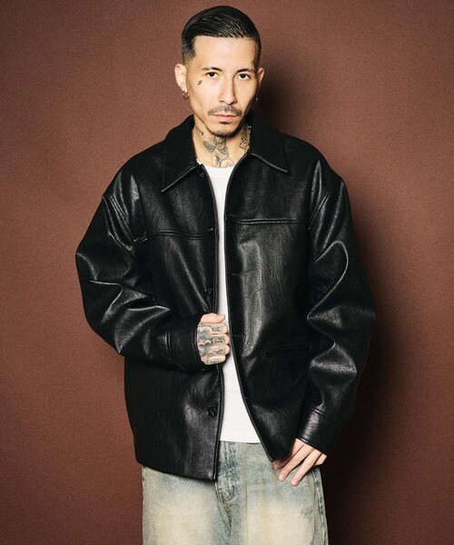 Subciety(サブサエティ)の「Faux leather car coat(ライダースジャケット・メンズ・ブラウン/ブラック・MEDIUM/LARGE/X-LARGE/SMALL)」の6枚目の写真