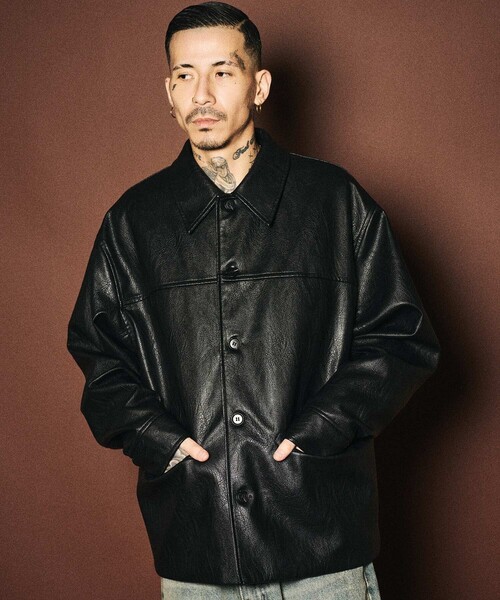 Subciety(サブサエティ)の「Faux leather car coat(ライダースジャケット・メンズ・ブラウン/ブラック・MEDIUM/LARGE/X-LARGE/SMALL)」の8枚目の写真