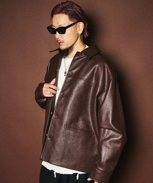 Subciety(サブサエティ)の「Faux leather car coat(ライダースジャケット・メンズ・ブラウン/ブラック・MEDIUM/LARGE/X-LARGE/SMALL)」の18枚目の写真
