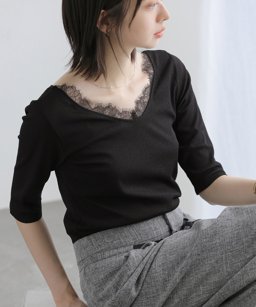 La TOTALITE(ラトータリテ)の「【洗える】レース2WAYプルオーバー(Tシャツ/カットソー・レディース・ホワイト/ブラック/ライトグリーン・FREE)」の9枚目の写真