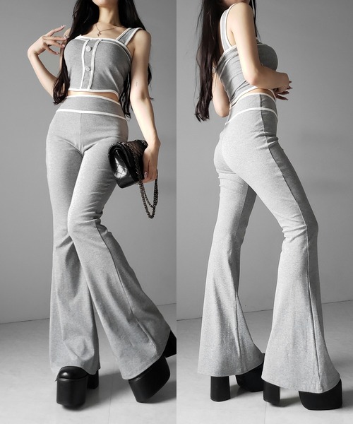 me+em select(ミームセレクト)の「【 セットアップ】フロントボタンパイピングビスチェ+ フレアパンツ SET / 【 SETUP 】front button piping buister + flare pants SET(セットアップ・レディース・グレー/ブラック・FREE)」の1枚目の写真