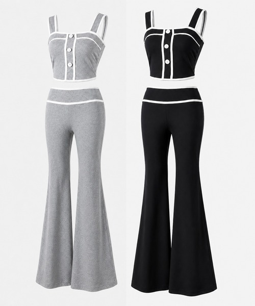 me+em select(ミームセレクト)の「【 セットアップ】フロントボタンパイピングビスチェ+ フレアパンツ SET / 【 SETUP 】front button piping buister + flare pants SET(セットアップ・レディース・グレー/ブラック・FREE)」の3枚目の写真