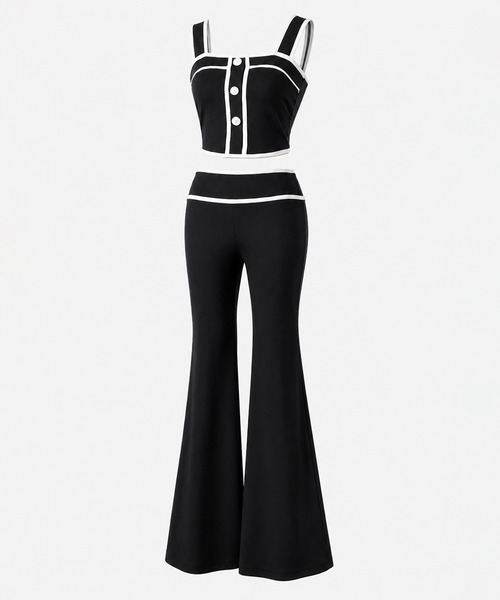 me+em select(ミームセレクト)の「【 セットアップ】フロントボタンパイピングビスチェ+ フレアパンツ SET / 【 SETUP 】front button piping buister + flare pants SET(セットアップ・レディース・グレー/ブラック・FREE)」の4枚目の写真