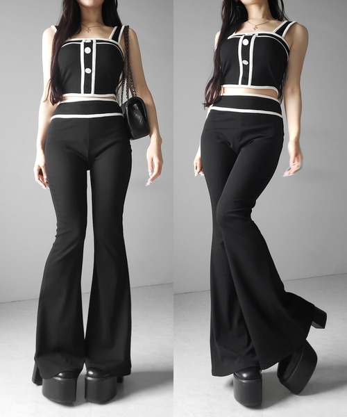 me+em select(ミームセレクト)の「【 セットアップ】フロントボタンパイピングビスチェ+ フレアパンツ SET / 【 SETUP 】front button piping buister + flare pants SET(セットアップ・レディース・グレー/ブラック・FREE)」の6枚目の写真