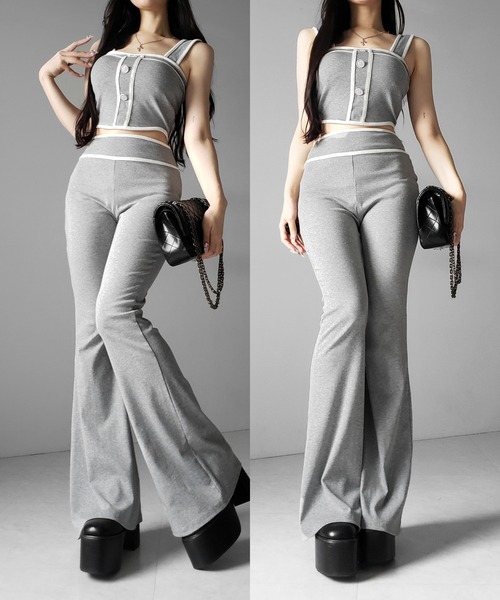 me+em select(ミームセレクト)の「【 セットアップ】フロントボタンパイピングビスチェ+ フレアパンツ SET / 【 SETUP 】front button piping buister + flare pants SET(セットアップ・レディース・グレー/ブラック・FREE)」の7枚目の写真