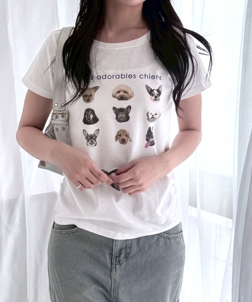 fiere(フィエール)の「DOGグラフィックショート丈半袖Tシャツ(Tシャツ/カットソー・レディース・ホワイト・WM)」の1枚目の写真