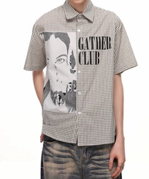 【2 色展開】細チェック半袖シャツ ポートレート人物 + GATHER CLUB 英字プリント オーバーサイズ ユニセックス
