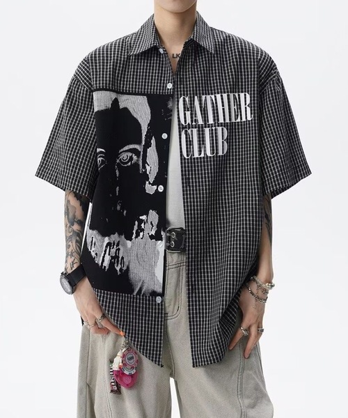 SHERU(シェル)の「【2 色展開】細チェック半袖シャツ ポートレート人物 + GATHER CLUB 英字プリント オーバーサイズ ユニセックス(シャツ/ブラウス・メンズ・ホワイト/ブラック・F)」の22枚目の写真