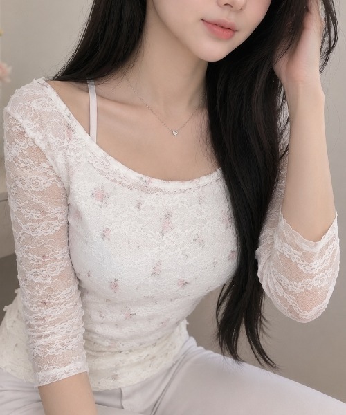 Sibra(シブラ)の「【新SIZE追加】花柄レース七分袖トップス(Tシャツ/カットソー・レディース・ホワイト・M/S/L)」の7枚目の写真