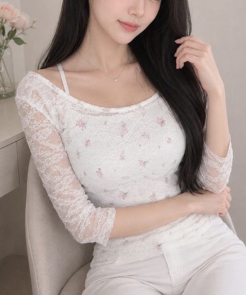 Sibra(シブラ)の「【新SIZE追加】花柄レース七分袖トップス(Tシャツ/カットソー・レディース・ホワイト・M/S/L)」の9枚目の写真