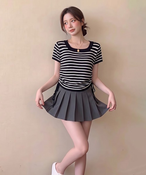 Girly Doll(ガーリードール)の「スクエアネック半袖ボーダーニット(Tシャツ/カットソー・レディース・ベージュ/ブラック・FREE)」の7枚目の写真