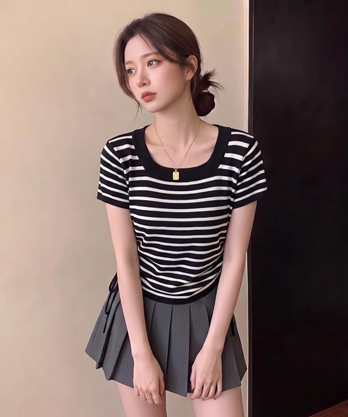 Girly Doll(ガーリードール)の「スクエアネック半袖ボーダーニット(Tシャツ/カットソー・レディース・ベージュ/ブラック・FREE)」の6枚目の写真