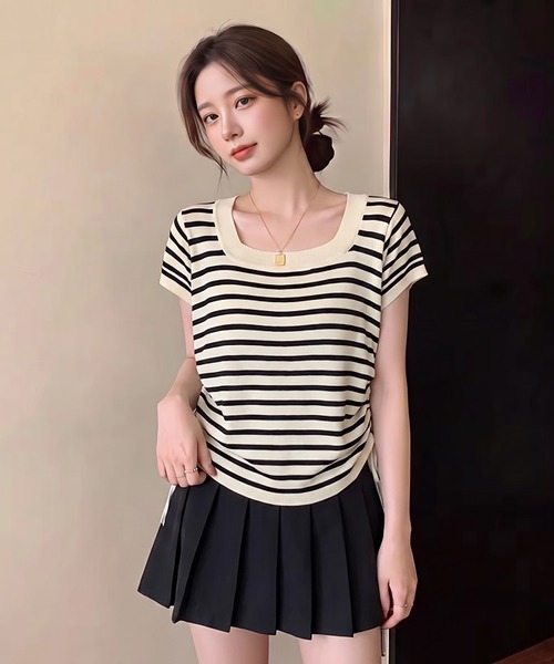 Girly Doll(ガーリードール)の「スクエアネック半袖ボーダーニット(Tシャツ/カットソー・レディース・ベージュ/ブラック・FREE)」の8枚目の写真