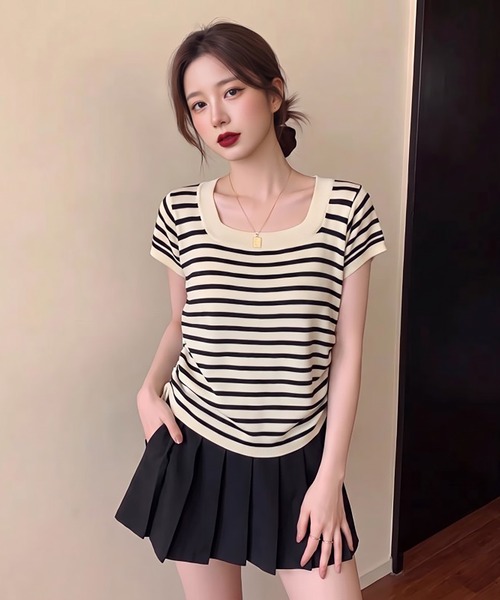 Girly Doll(ガーリードール)の「スクエアネック半袖ボーダーニット(Tシャツ/カットソー・レディース・ベージュ/ブラック・FREE)」の3枚目の写真