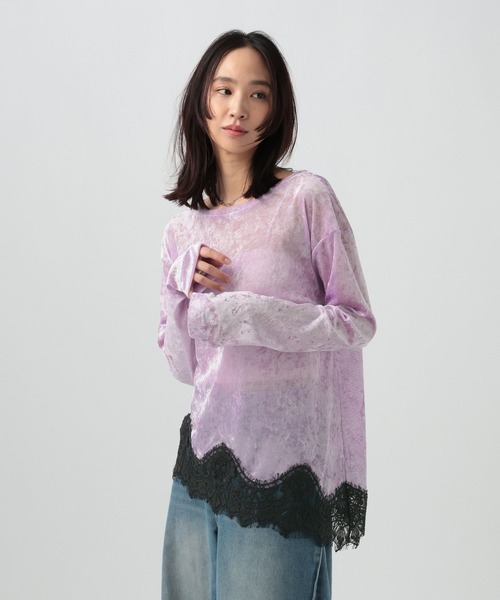 BAYFLOW（ベイフロー）の「レースコンビシアーベロアロングスリーブ（Tシャツ/カットソー・レディース・ラベンダー/ブラウン/オフホワイト・FREE）」の3枚目の写真