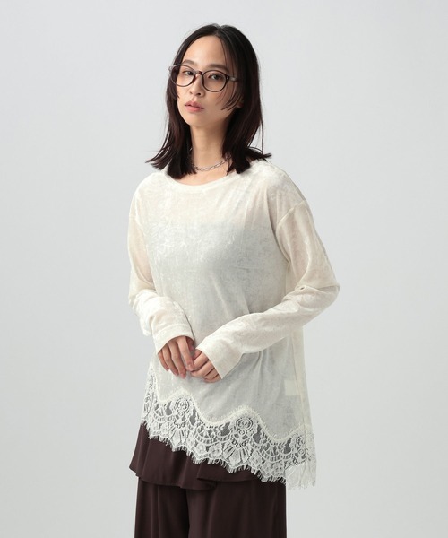 BAYFLOW（ベイフロー）の「レースコンビシアーベロアロングスリーブ（Tシャツ/カットソー・レディース・ラベンダー/ブラウン/オフホワイト・FREE）」の2枚目の写真